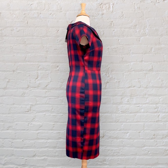 NWT Voodoo Vixen Joan Red Navy Plaid Wiggle Dress Pin Up Rockabilly Kick Pleat - Picture 7 of 14